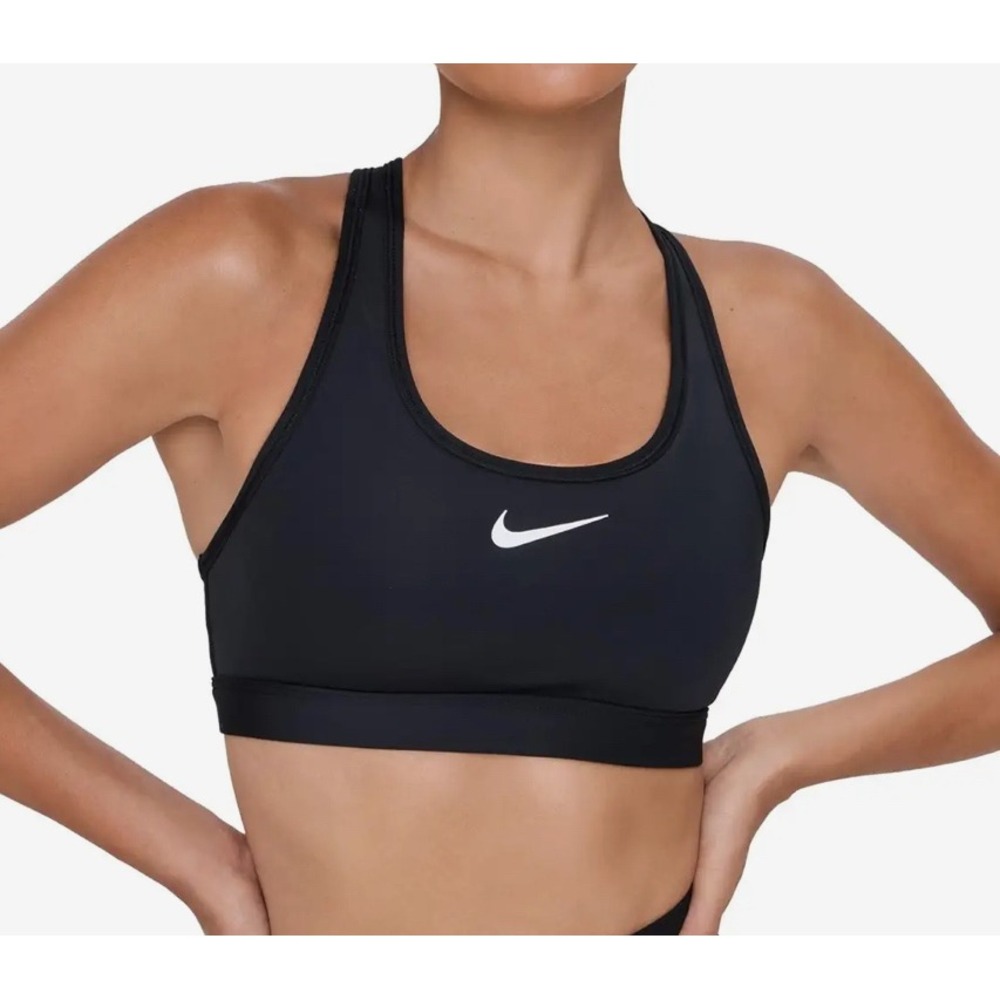 Nike Dri-FIT Racerback Sports Bra Black Medium Support Swoosh Logo Size M EUC